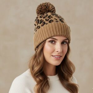 C.C Leopard Pom Beanie | Fuzzy Knit Winter Hat | Animal Print Beanie 🐆